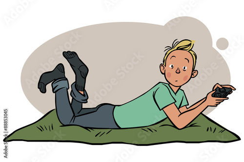 Funny vector cartoon  teen playing with game consol