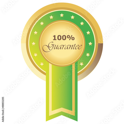 Runder 100% Guarantee Button in hellgrün auf weißem Hintergrund