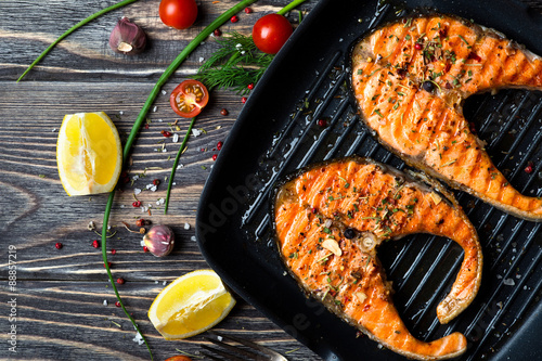Grilled steaks salmon