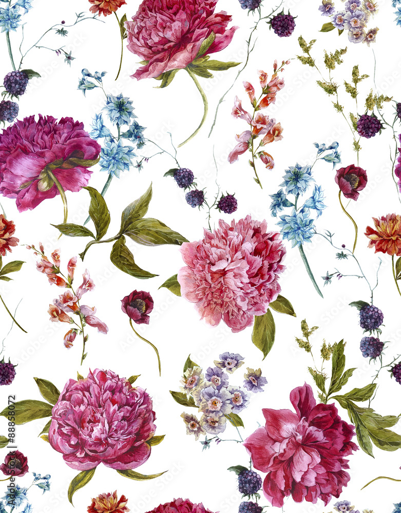 Watercolor Seamless Pattern with Burgundy Peonies in Vintage - obrazy, fototapety, plakaty 