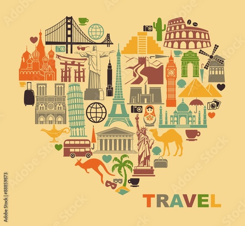 Icon architectural monuments of the world in the shape of a heart