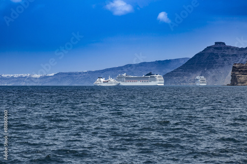 Cruise boats moored in Santorini Greece © restlesskath
