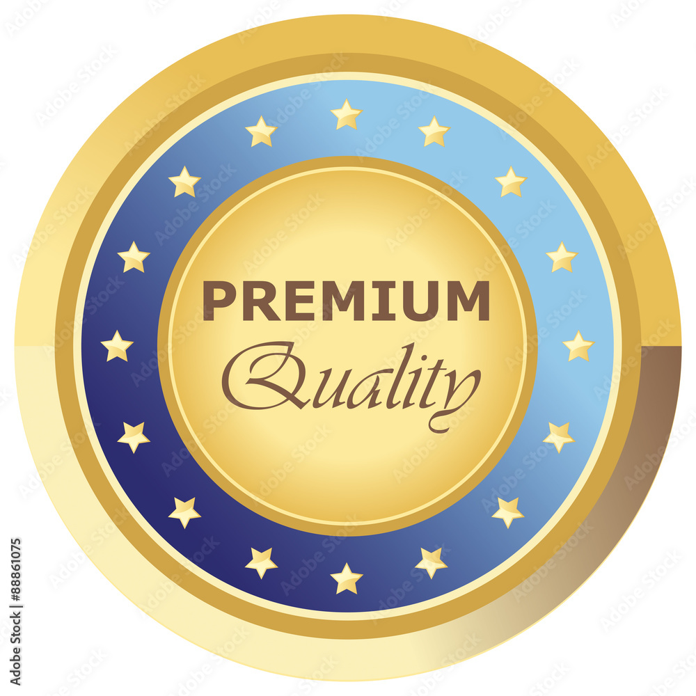 Runder Premium Quality Button in blau auf weißem Hintergrund