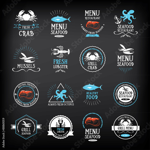 Seafood menu and badges design elements.