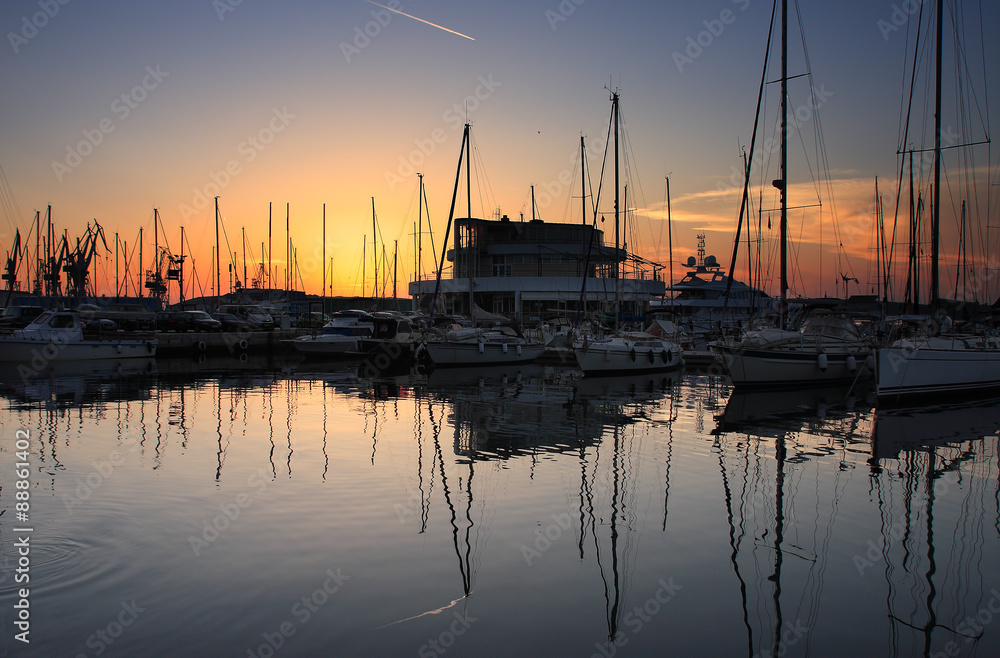 Harbour with boats at sunset time in Croatia