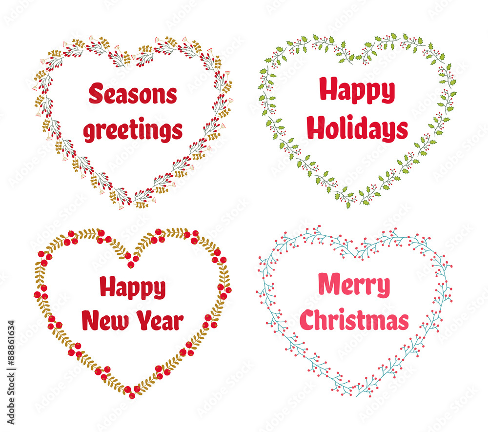 Vector Christmas and New Year set of wreath in a heart shape
