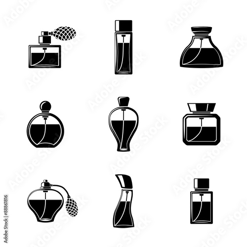 Perfume icons set with different shapes of bottles. vector