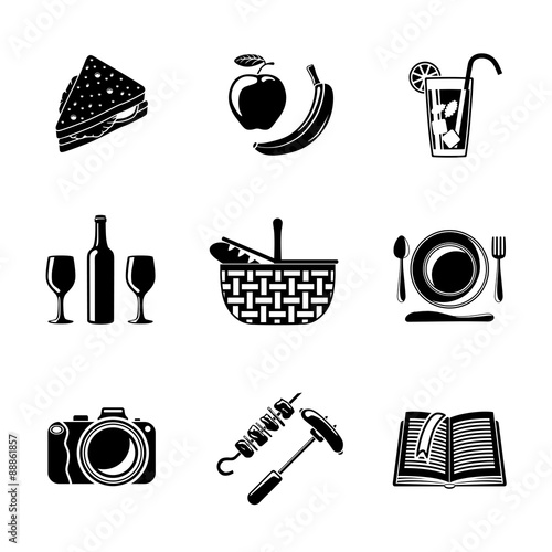 Set of monochrome picnic icons - basket, plate, spoon, sandwich