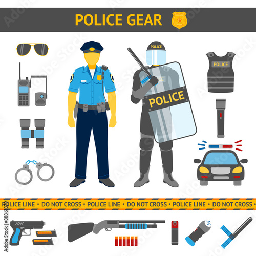 Set of Police icons - gear, car, weapons, two policemen in daily
