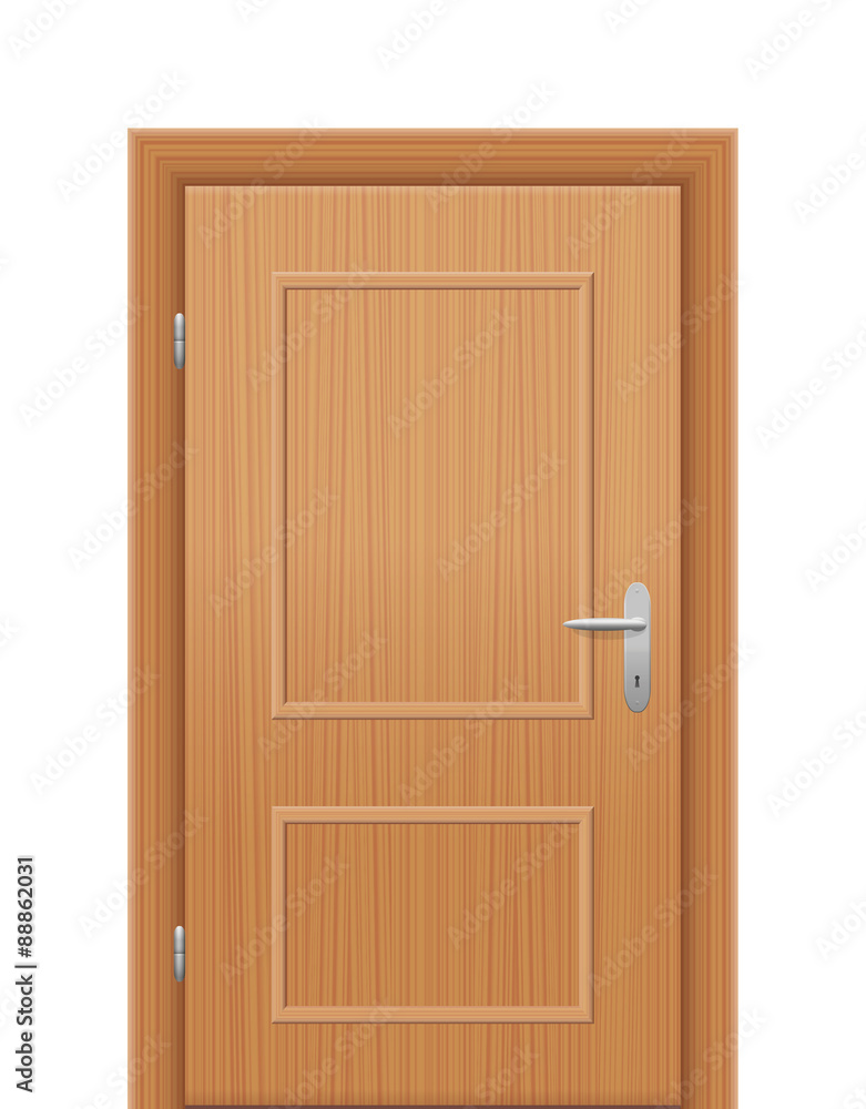 Wooden room door, closed. Isolated vector illustration on white background.