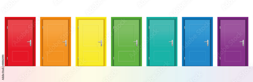 Obraz premium Siedem kolorowych drzwi. Ilustracja na białym tle wektor na białym tle.