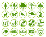 Set of nature signs. Collection of forest and parks signs. Camping in nature. Eco tourism icons. 