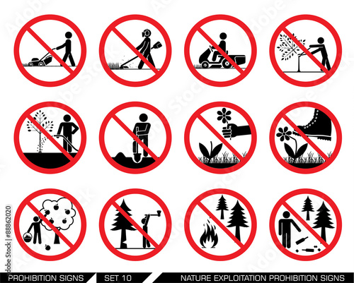 Set of nature exploitation and cultivation prohibition signs. Signs prohibiting exploitation, pollution and work on green surfaces, gardens and parks. Set of nature prohibition signs. 