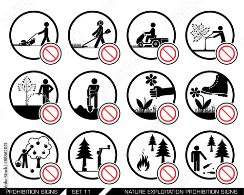 Set of nature exploitation and cultivation prohibition signs. Signs prohibiting exploitation, pollution and work on green surfaces, gardens and parks. Set of nature prohibition signs. 