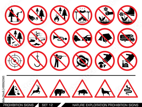 Set of nature exploitation prohibition signs. Collection of prohibition signs. Exploitation of nature banned. National Parks are protected areas.