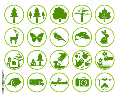 Set of nature signs. Collection of forest and parks signs. Camping in nature. Eco tourism icons. 