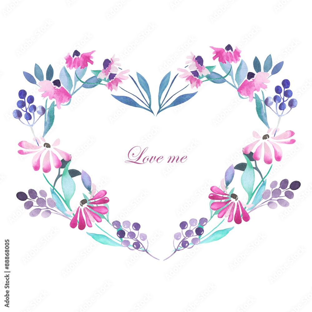 Heart frame, wreath of purple flowers, blue berries and green leaves painted with watercolors on a white background, greeting card, decoration postcard or invitation