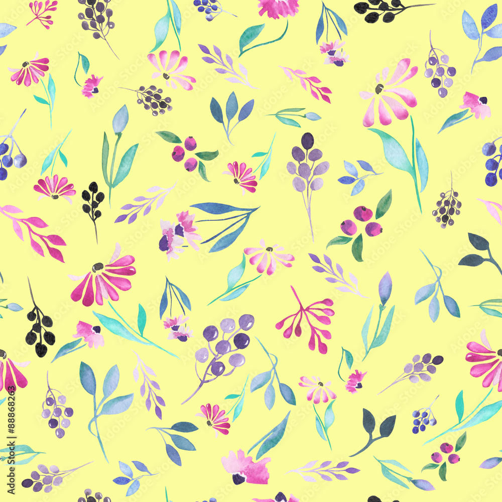 Seamless pattern of purple flowers and berries, blue leaves painted in watercolor on a yellow background