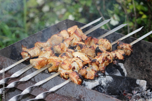 Coal grill of pork skewers. barbecue camping dinner.