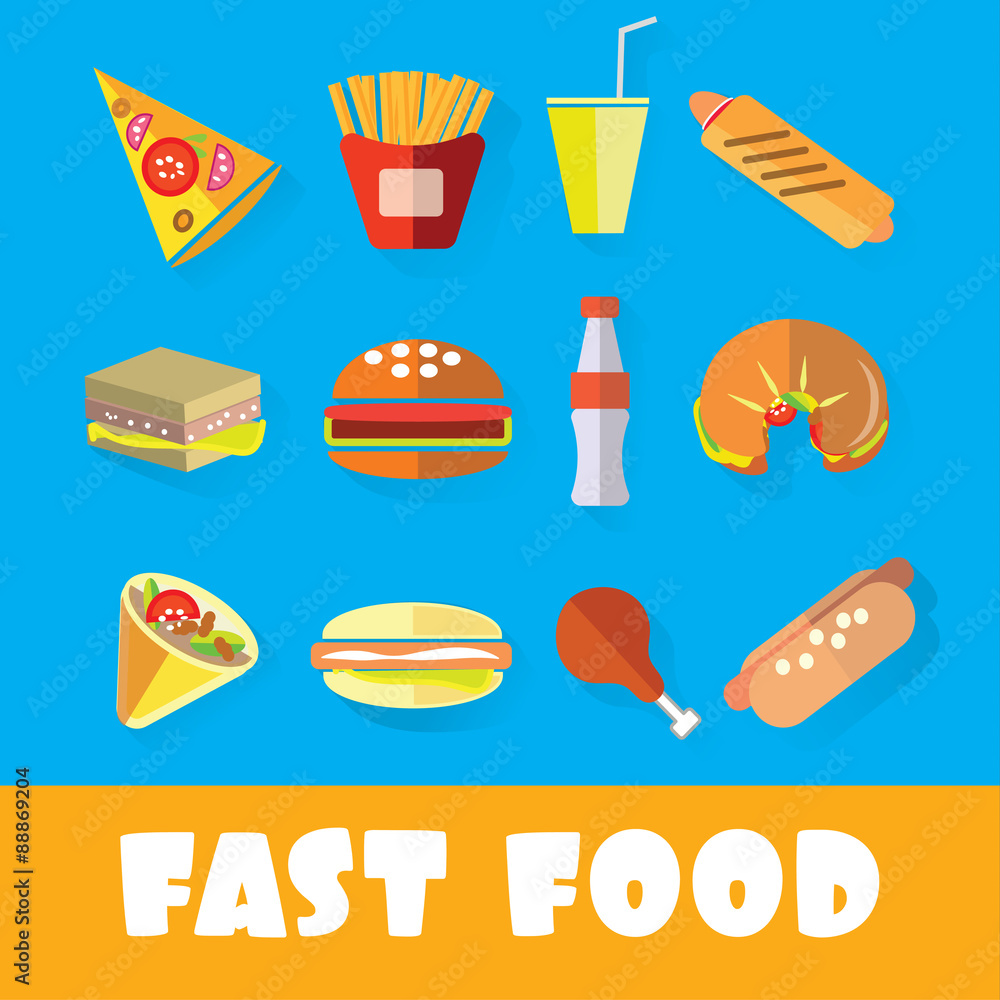 Set of fast food in the style of flat art Set of fast food in the style of flat art