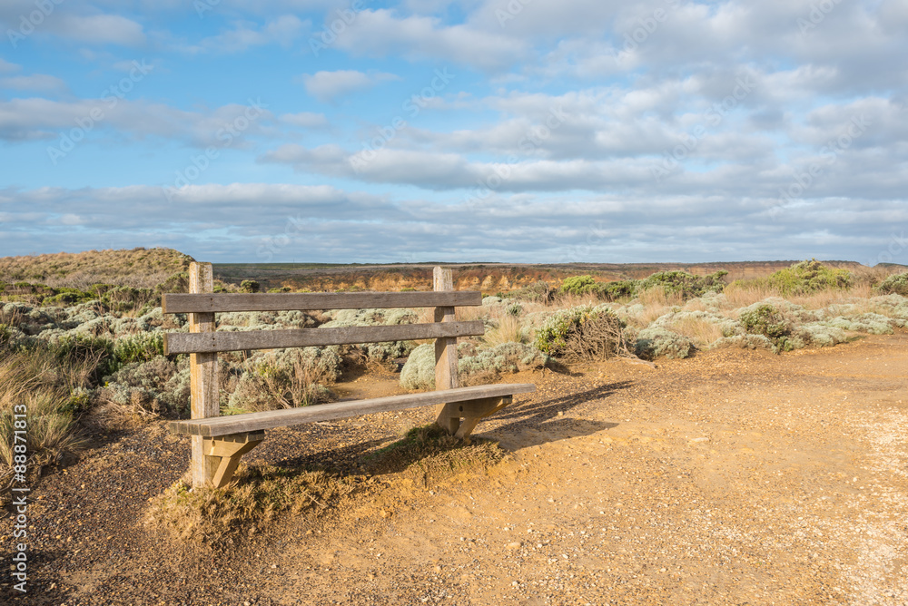 Scenic Australian wooden bench in national park , great ocean road tour, Victoria, Australia