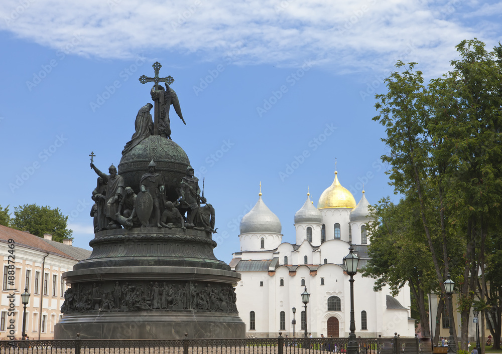 Russia, Great Novgorod. Monument Millennium of Russia and Sofia cathedral..