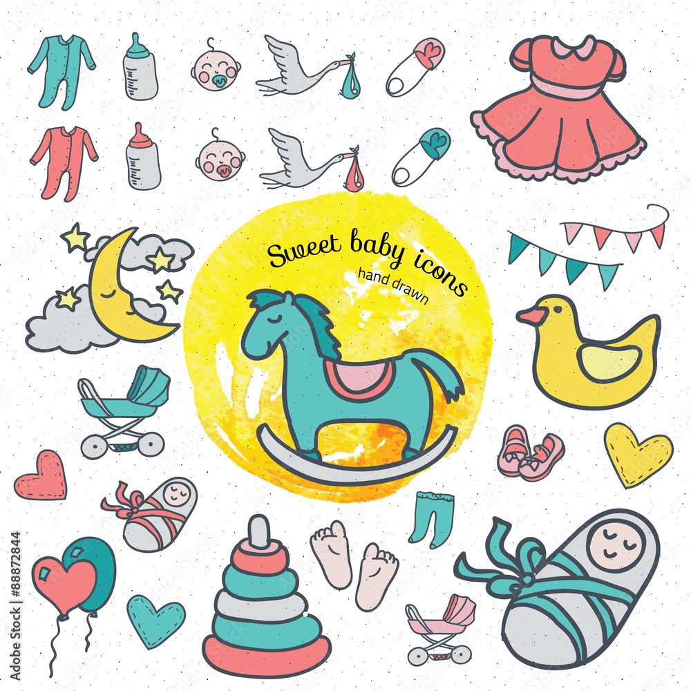 Baby icon set, vector illustration hand drawn in doodles Baby icon set, vector illustration hand drawn in doodles