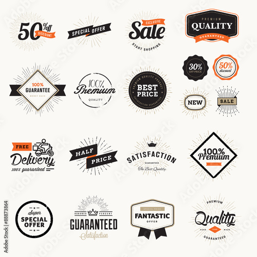 Set of vintage premium quality badges and stickers. Vector illustrations for e-commerce, product promotion, advertising, sell products, discounts, sale, clearance, the mark of quality.