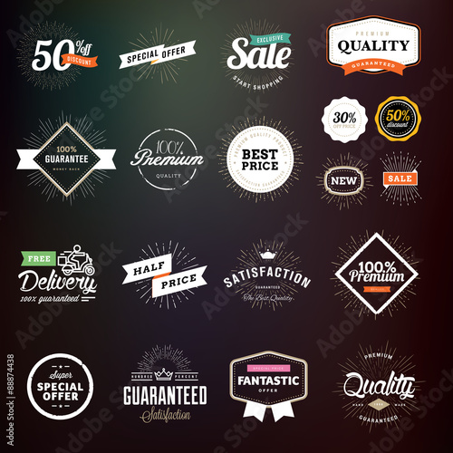 Collection of premium quality badges and labels for designers. Vector illustrations for e-commerce, product promotion, advertising, sell products, discounts, sale, clearance, the mark of quality.