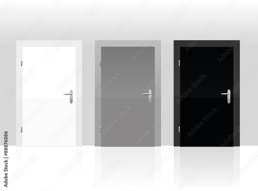 Three doors to choose - white, gray or black. Vector illustration. Three doors to choose - white, gray or black. Vector illustration.