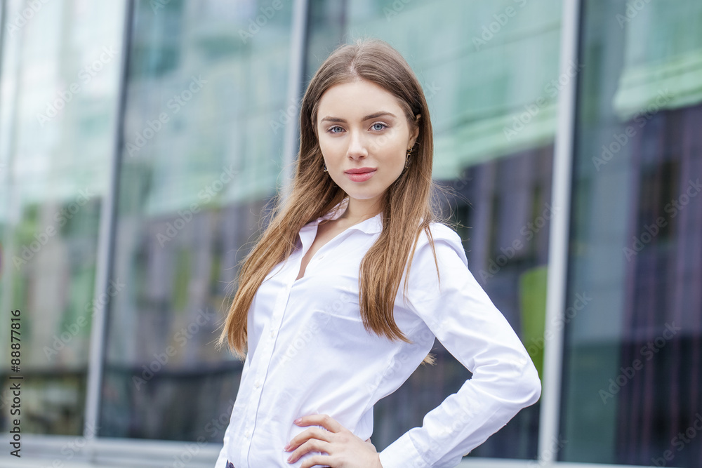 Close up Portrait, young business woman in white shirt Close up Portrait, young business woman in white shirt