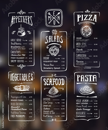 Menu template. White drawing on dark background. Appetizers, vegetables,salads, seafood, pizza, pasta.