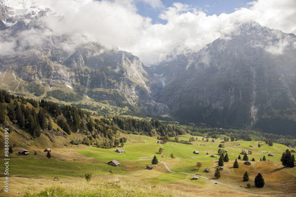Mountain peaks, streams and meadows in Grindelwald, Switzerland