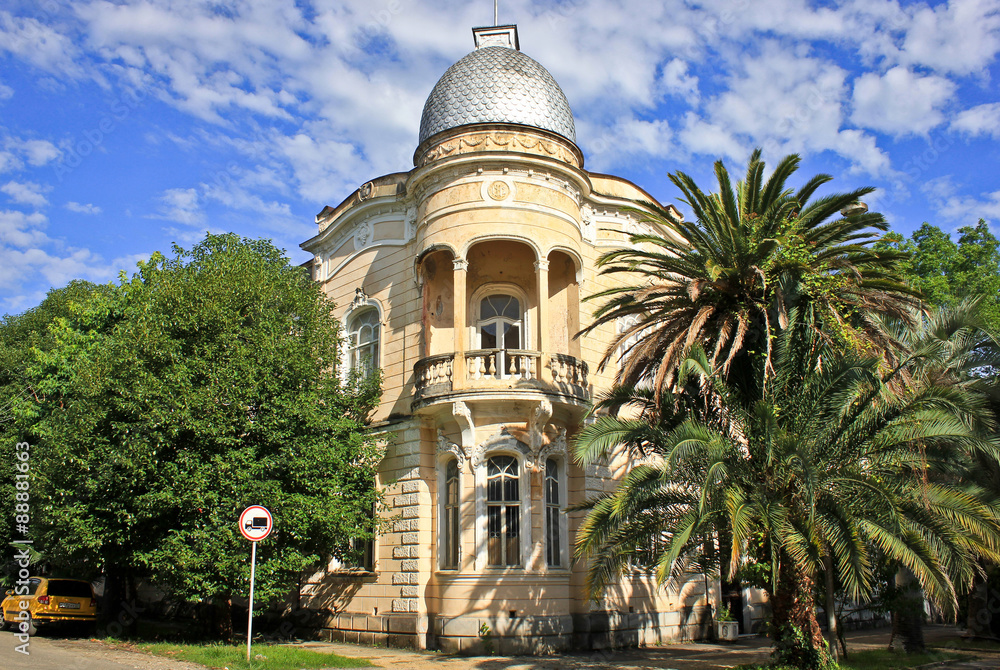 Old manor with a dome near palm trees