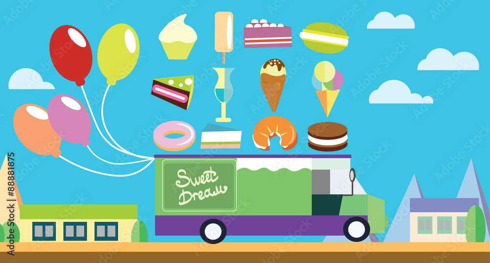 Holiday flat art wagon with ice-cream and sweets Holiday flat art wagon with ice-cream and sweets