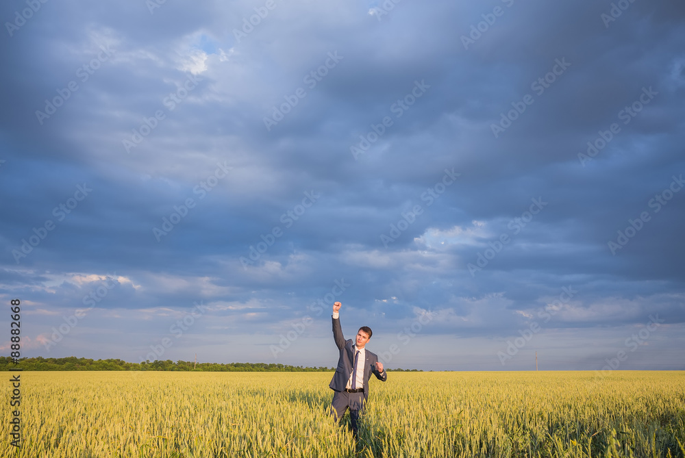 happy farmer, businessman, standing in wheat field with his happy farmer, businessman, standing in wheat field with his