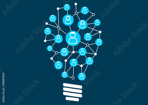 Social crowd sourcing and ideation. Swarm intelligence by the social community of a business or company. Vector illustration of light bulb for creativity.