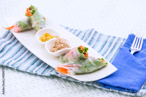Photography Vietnamese spring rolls with vegetables and coriander on a plate