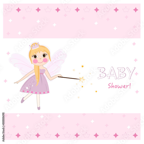 Fairy baby shower greeting card with crown, diamonds vector.