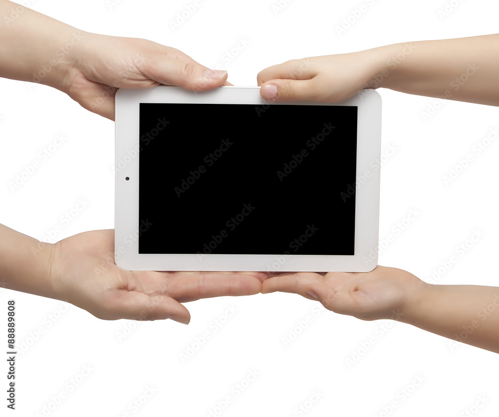 Hands of an adult and child holding tablet computer