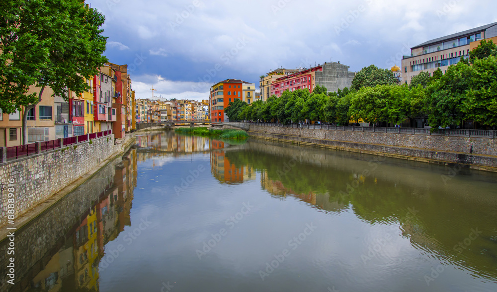 The river Onyar in Girona. Spain. View from the bridge.
