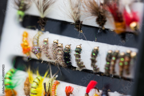 Obraz na płótnie different fly fishing bugs in box