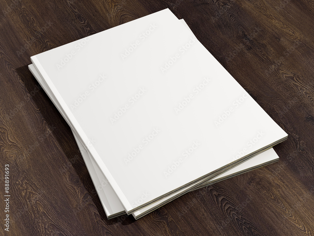 Magazine cover with blank white page mockup on vintage wooden substrate ...