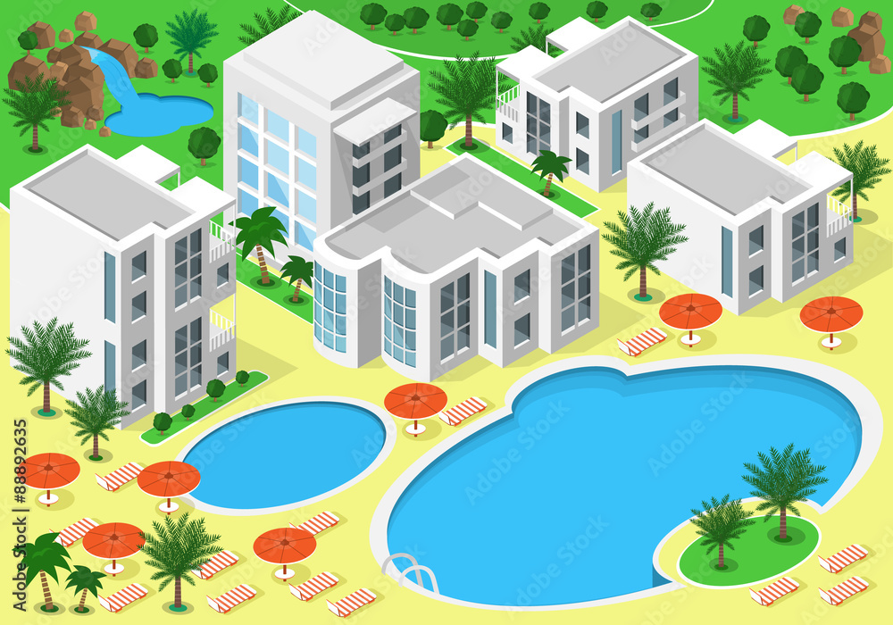 Isometric landscape of luxury beachfront hotel with swimming pools for summer rest. Set of detailed buildings, lakes, waterfall, beach with palms