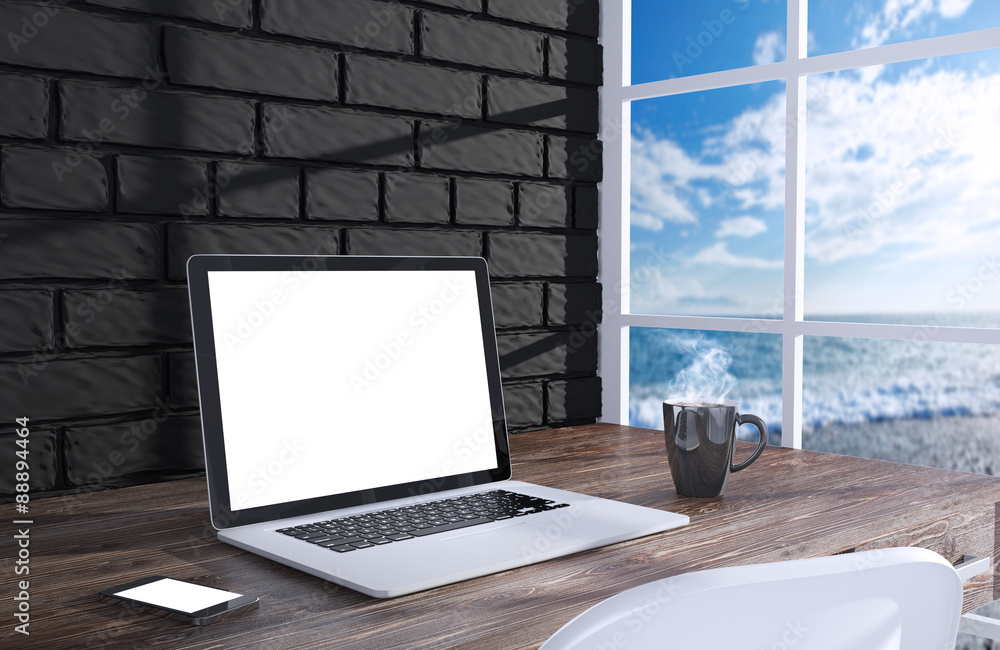 Fototapeta premium 3D illustration laptopand work stuff on table near brick wall