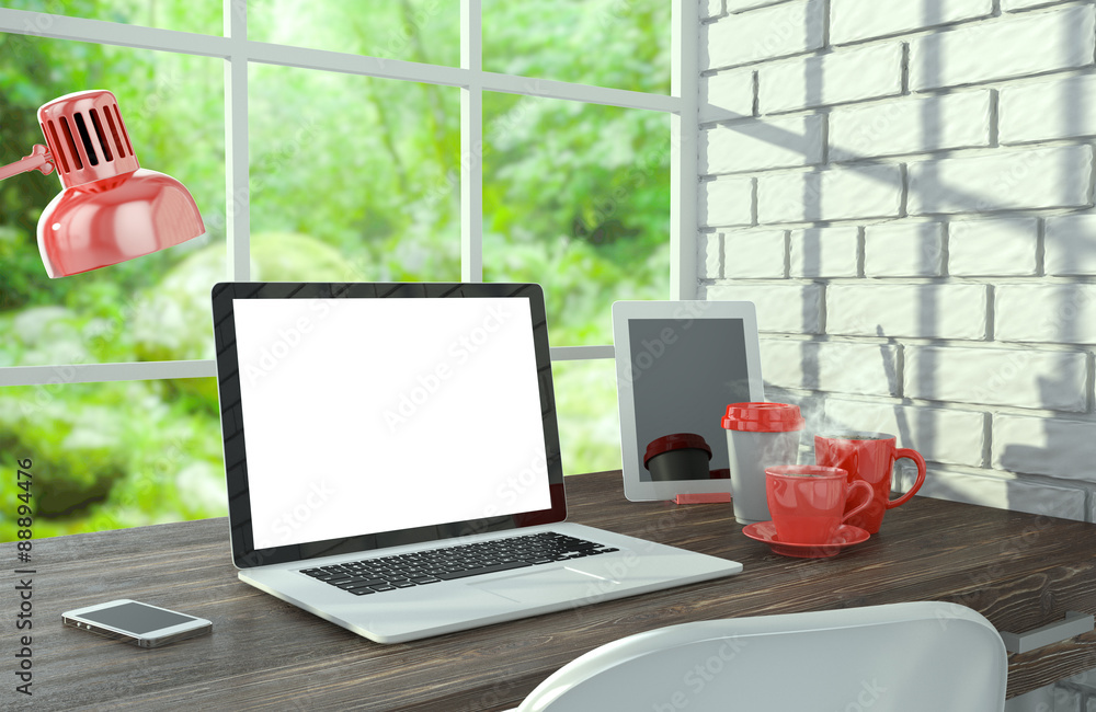 3D illustration laptopand work stuff on table near brick wall 3D illustration laptopand work stuff on table near brick wall