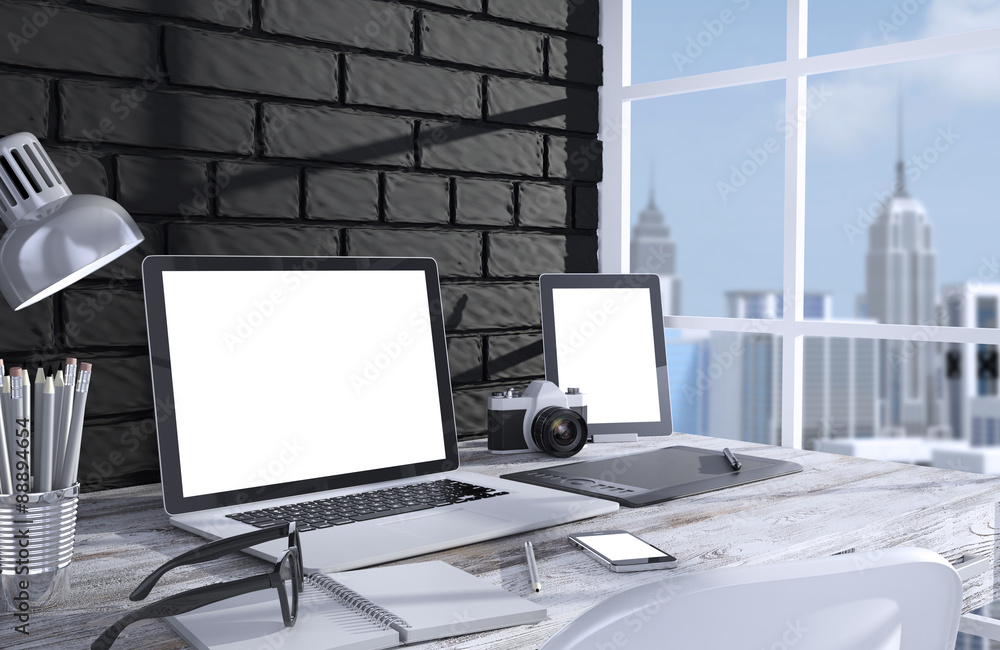 Fototapeta premium 3D illustration laptopand work stuff on table near brick wall