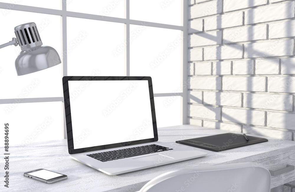 3D illustration laptopand work stuff on table near brick wall 3D illustration laptopand work stuff on table near brick wall