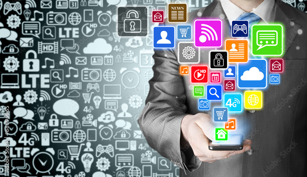 Business man using smart phone with social media icon set Business man using smart phone with social media icon set