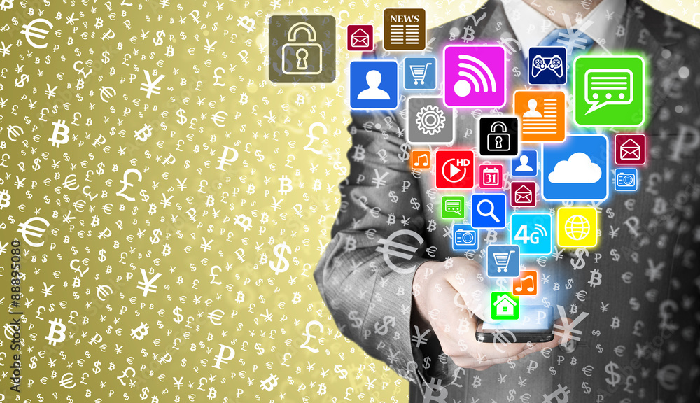 Business man using smart phone with social media icon set Business man using smart phone with social media icon set